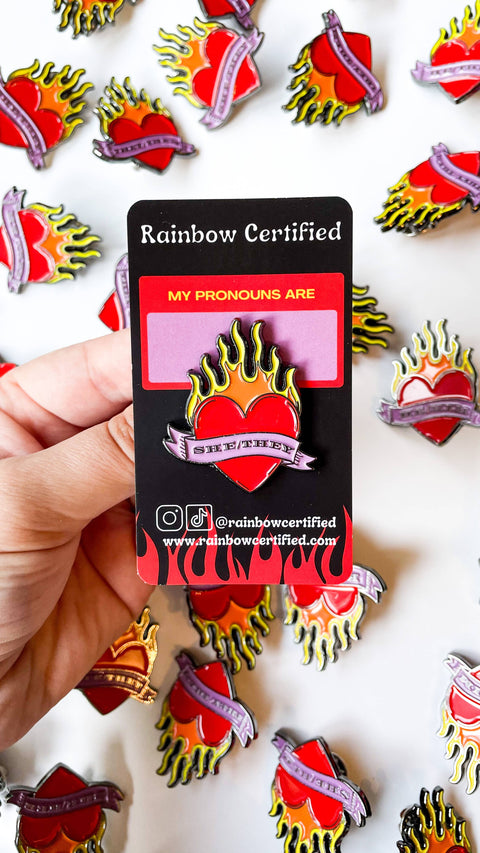 Flaming Heart She/They Pronoun Pin