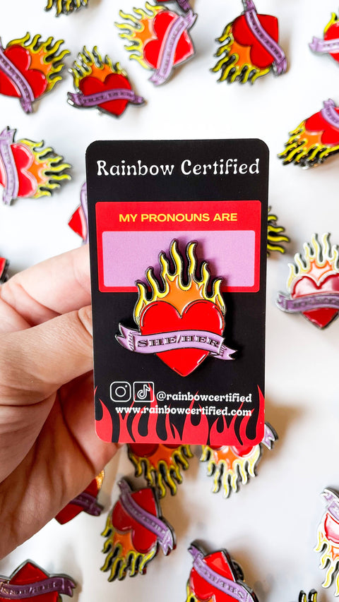 Flaming Heart She/Her Pronoun Pin